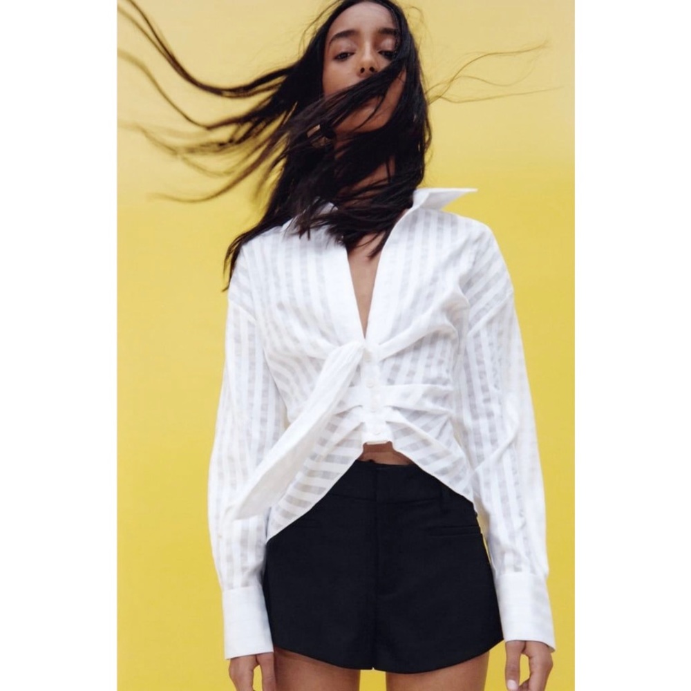 Zara | Women’s Draped Tied Shirt‎ Blouse - White - XS